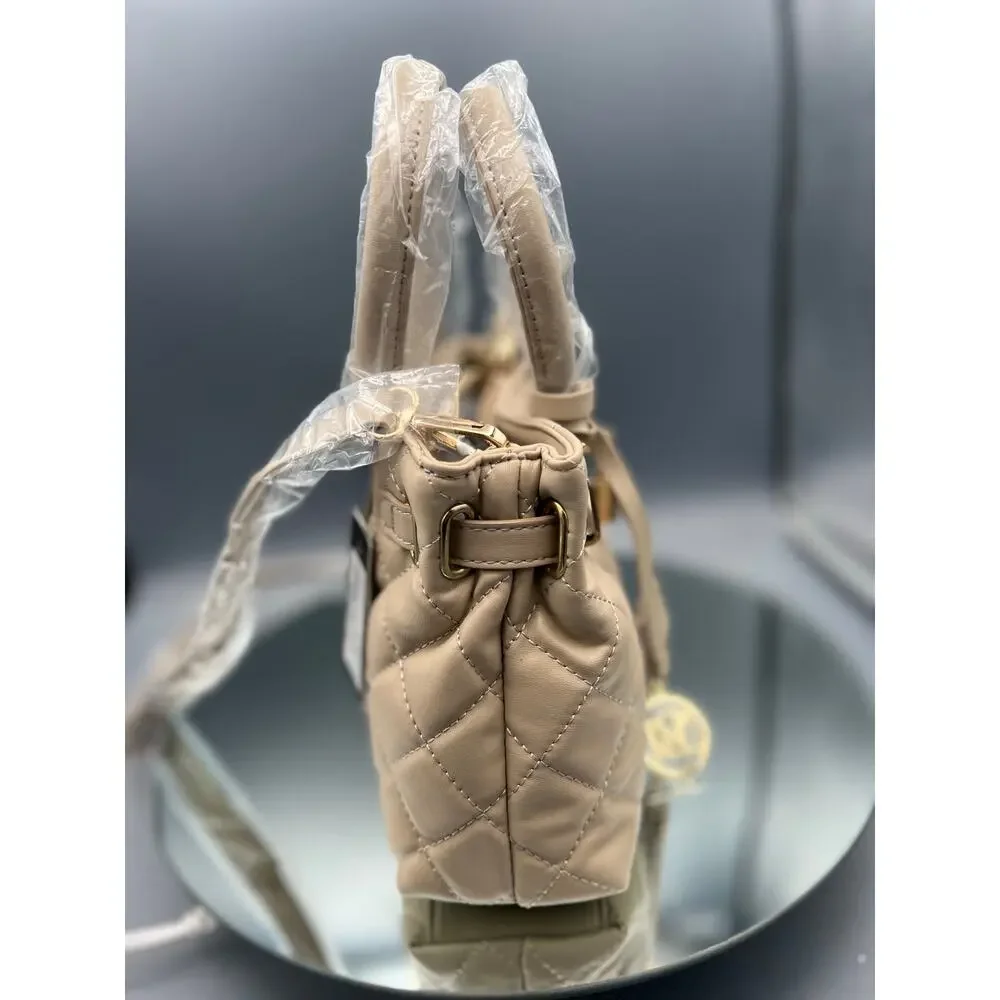Badgley Mischka diamond quilted 2-way vegan leather tote bag in a taupe